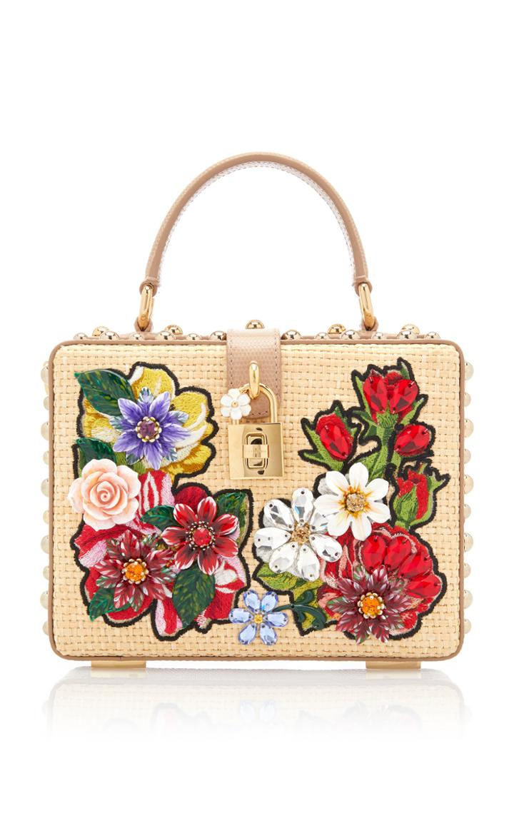 Dolce & Gabbana Floral-embellished Raffia Top Handle Box Bag