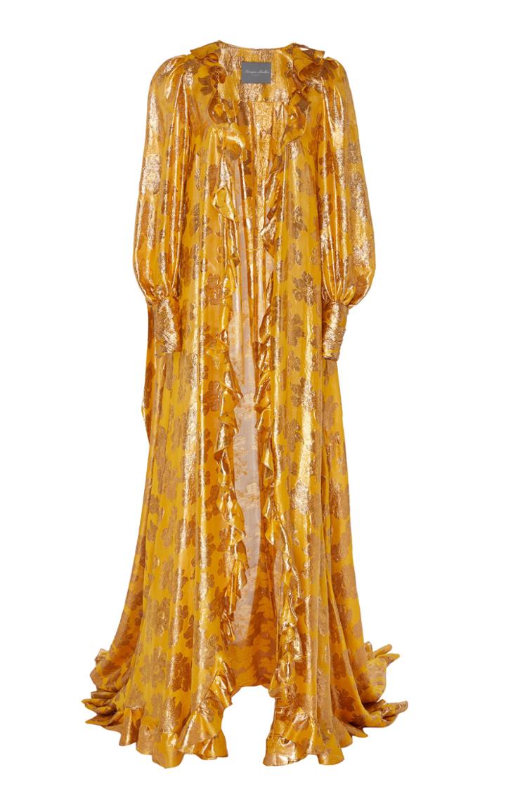 Monique Lhuillier Lurex Jacquard Wrap Gown W/ Ruffle Hem