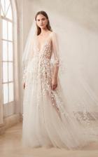 Moda Operandi Oscar De La Renta V-neck Tulle Embroidered Gown With Cut Out Leaves