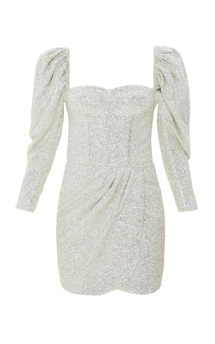Moda Operandi Mach & Mach Glitter Short Corset Dress With Puffed Sleeves