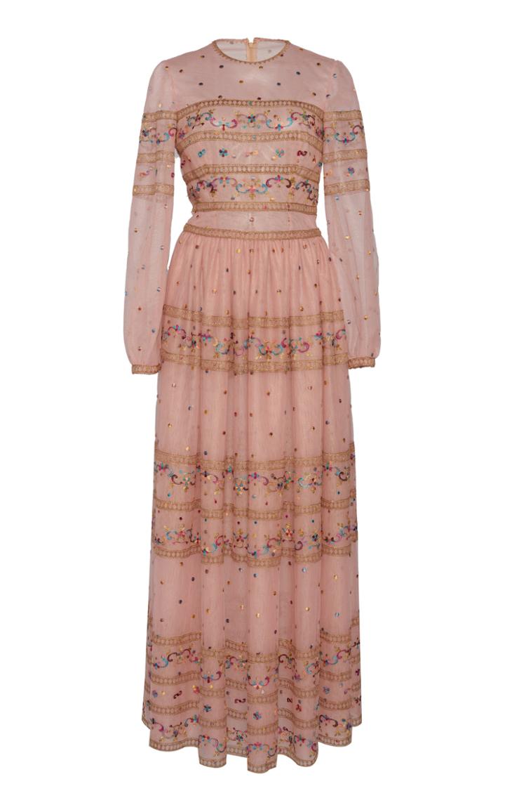 Costarellos Embroidered Chiffon Maxi Dress