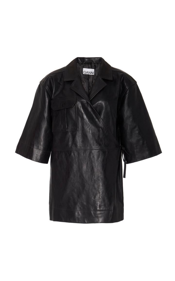 Moda Operandi Ganni Lamb Leather Wrap Short Sleeve Oversized Shirt Size: S/m