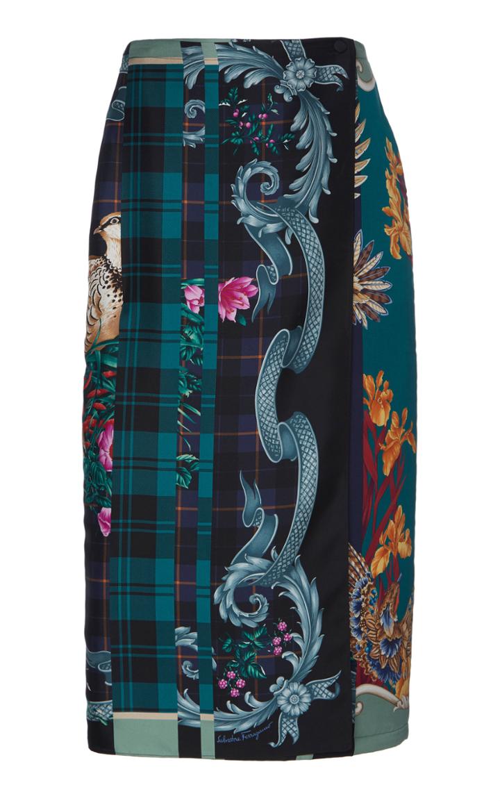 Salvatore Ferragamo Printed Silk Twill Paneled Midi Skirt