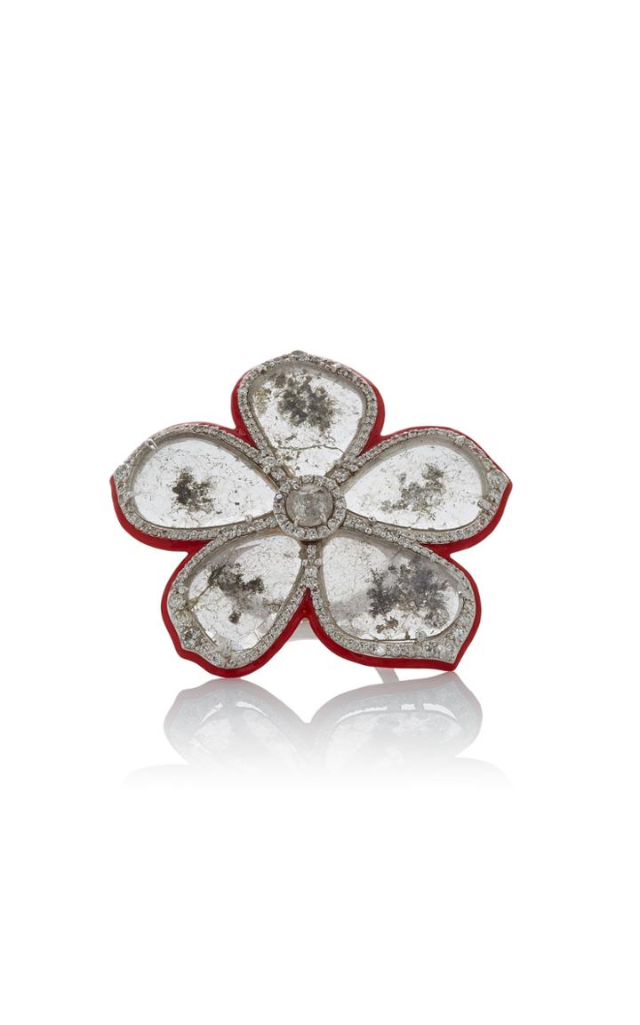 Moda Operandi Nina Runsdorf Phoenix Slice Diamond Red Enamel Flower Ring Size: 6.5