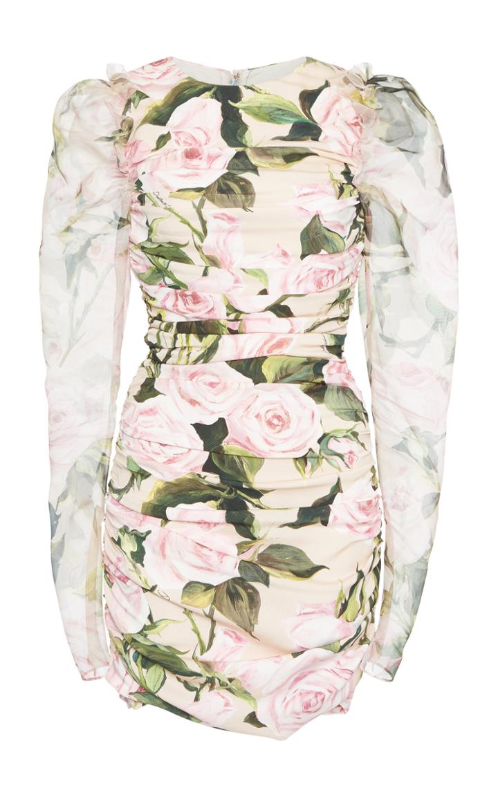 Dolce & Gabbana Ruched Floral-print Stretch-silk Mini Dress