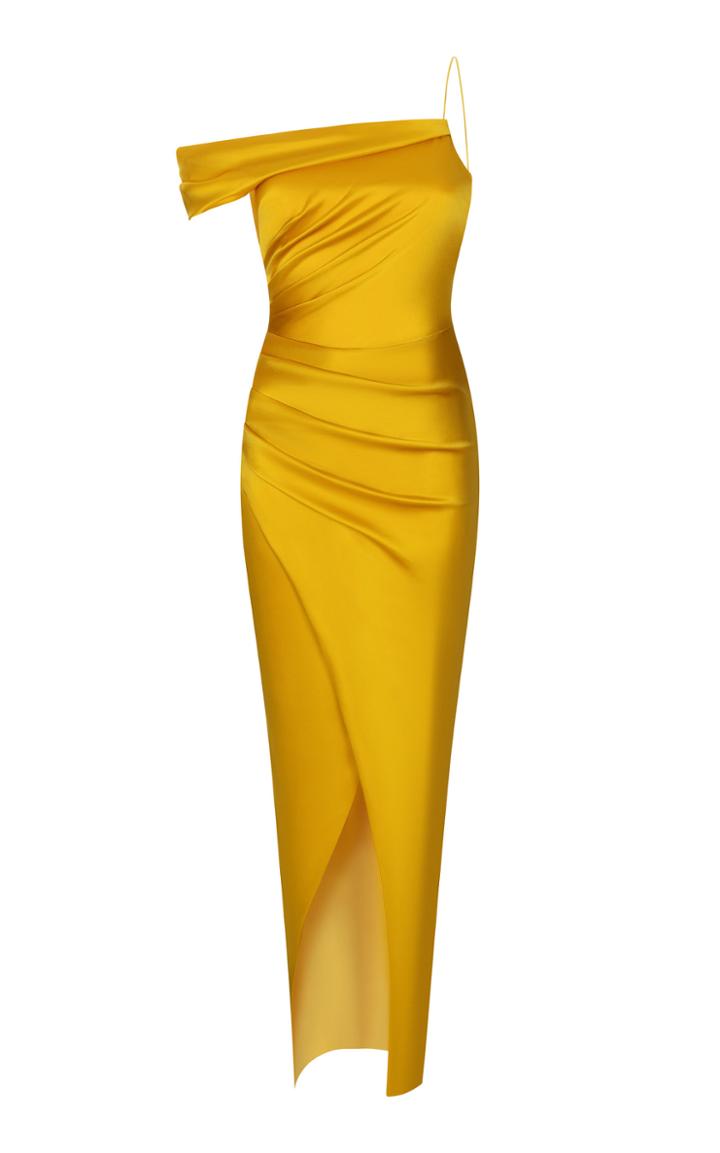 Rasario Gathered One-shoulder Satin Gown