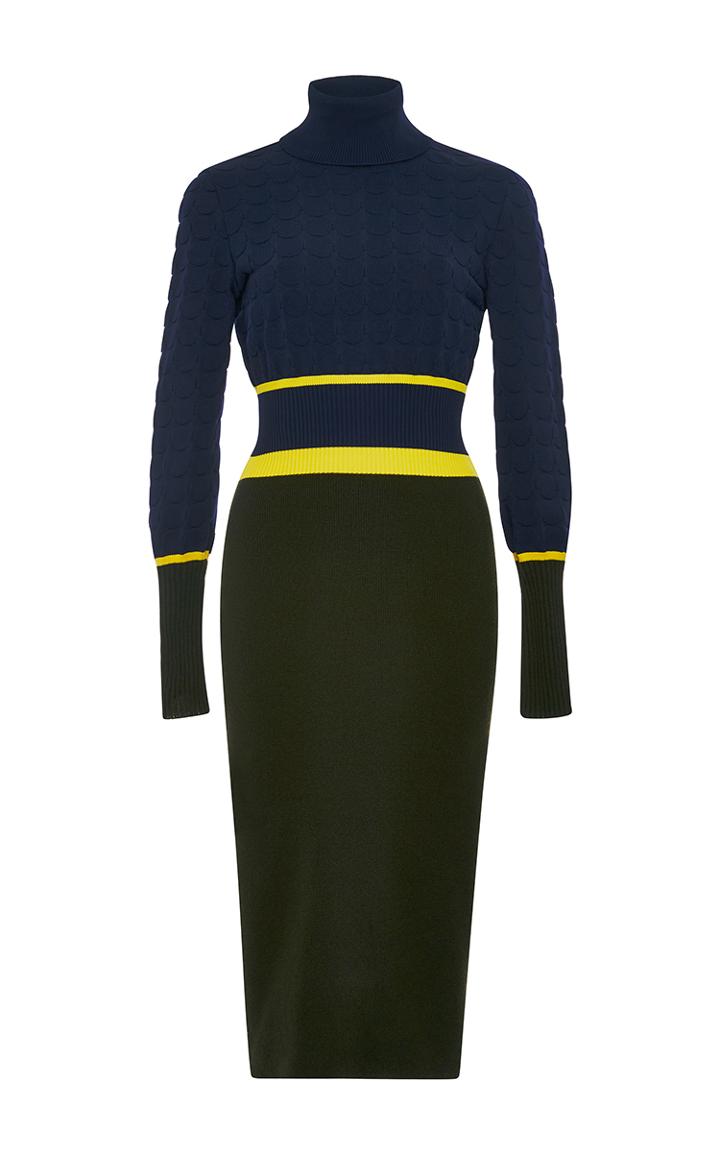 Mary Katrantzou Navy And Green Virgin Wool Falo Turtleneck Dress