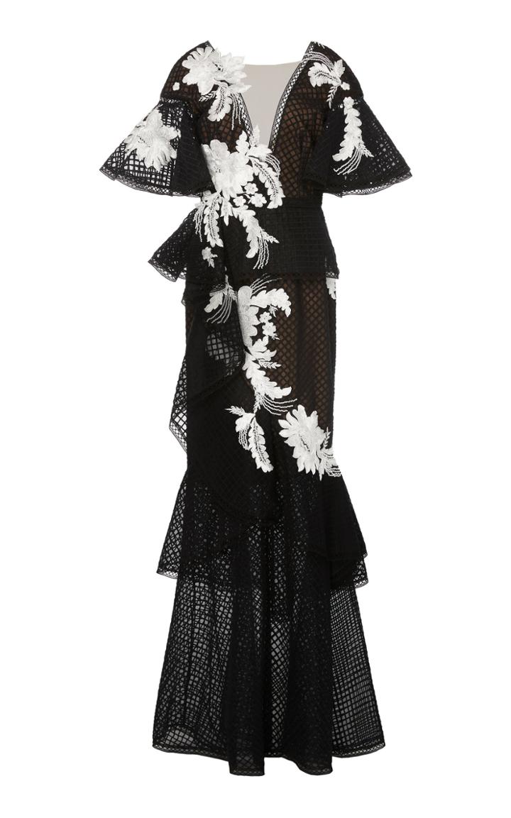 Marchesa Embroidered V-neck Fit And Flare Gown With Ruffles