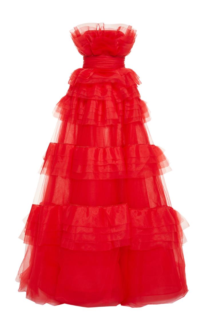 Monique Lhuillier Organza Embroidered Tiered Ball Gown