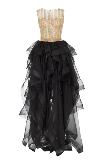 Reem Acra Embellished Ruffle Gown