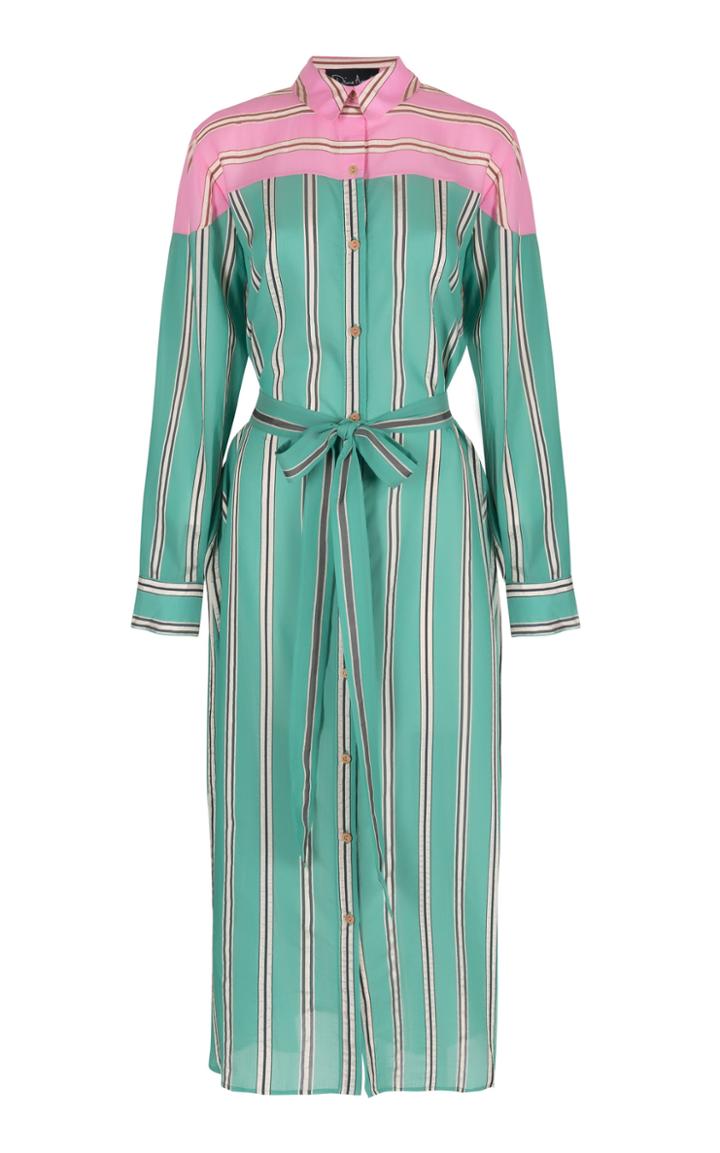 Dima Ayad Pin Stripe Cotton Blend Belted Shirt Dress