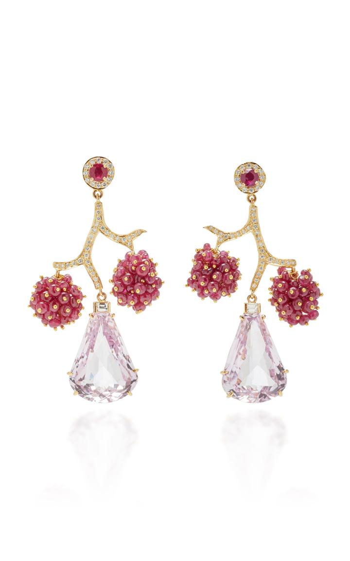 Hanut Singh Tree Of Life 18k Yellow Gold Diamond Ruby And Quartz Drop Earrings