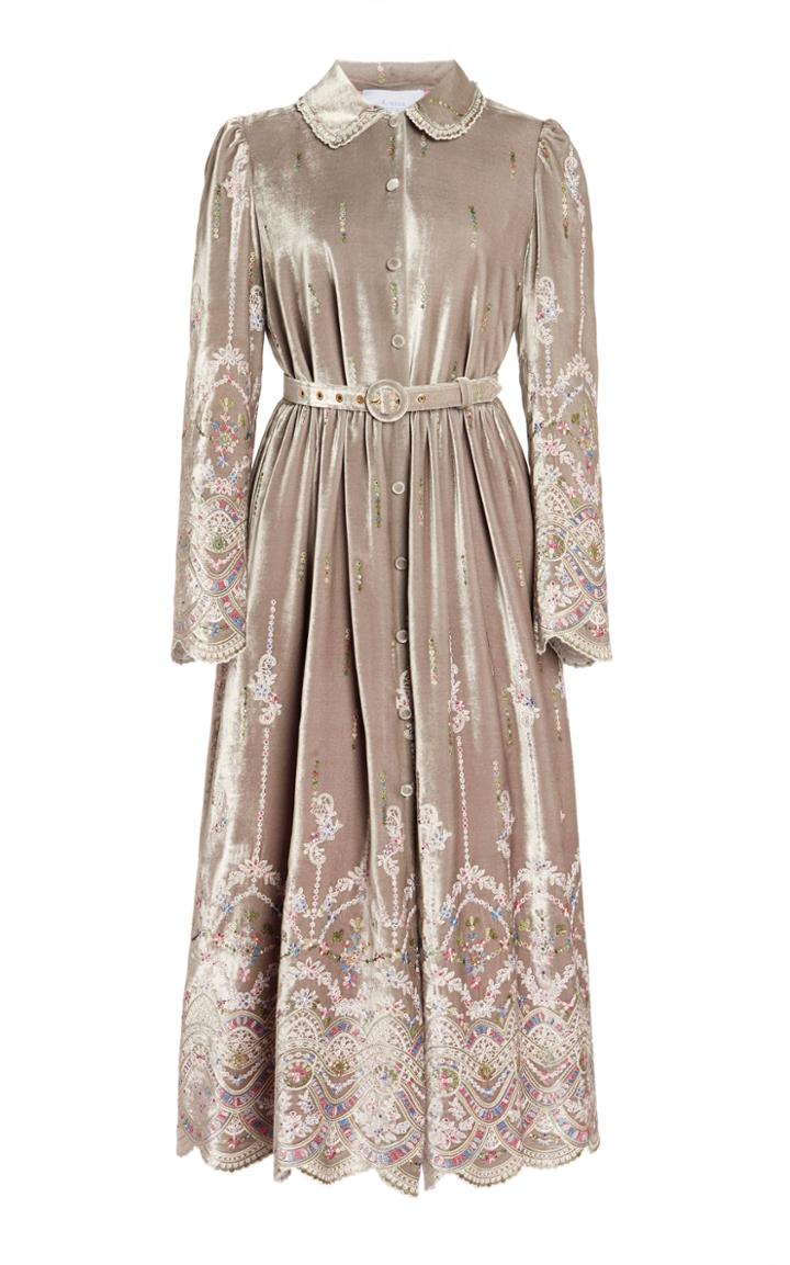Moda Operandi Luisa Beccaria Belted Embroidered Velvet Shirt Dress