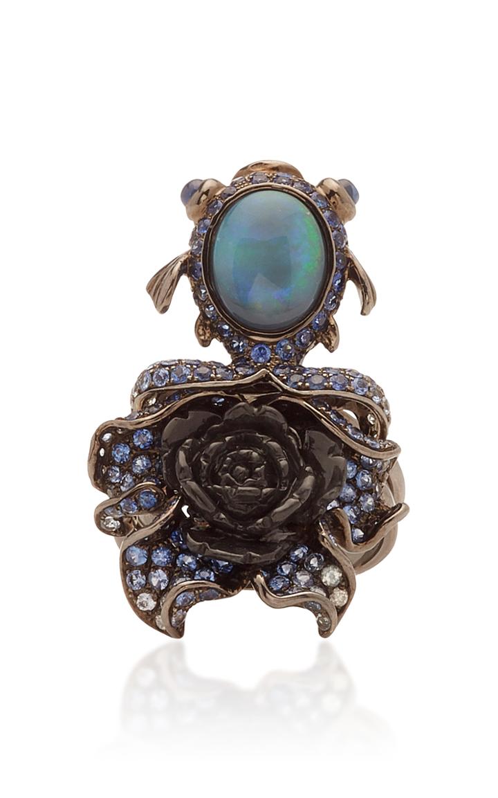 Wendy Yue Black Jade And Opal Flower Ring