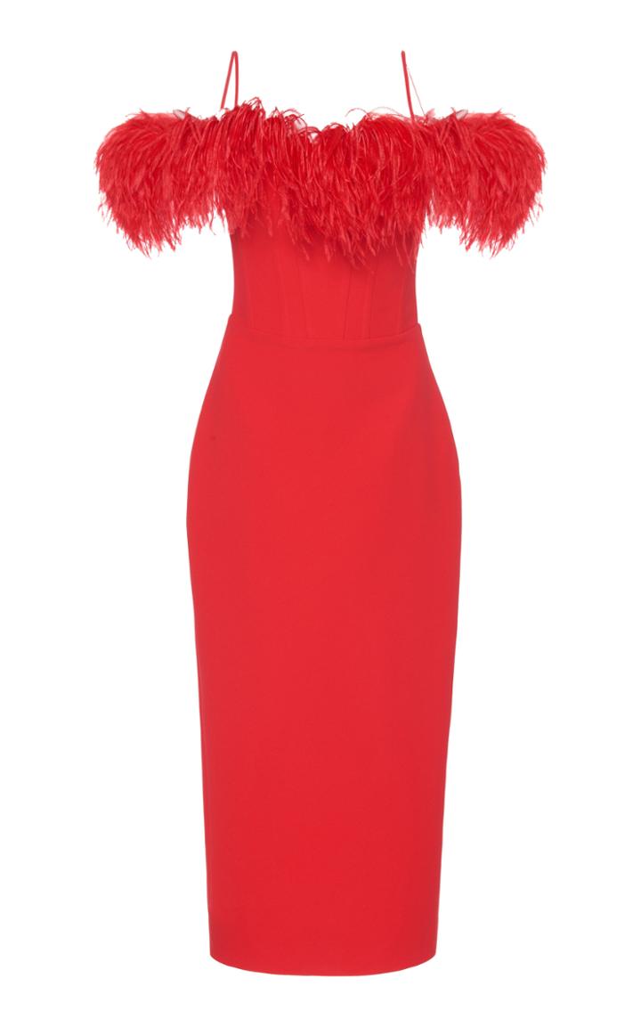 Rasario Exclusive Cold-shoulder Feather-trimmed Crepe Midi Dress