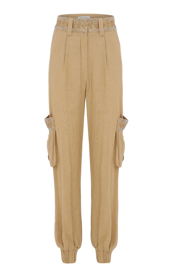Raisa Vanessa Camel Cargo Pants With Embellished Pockets