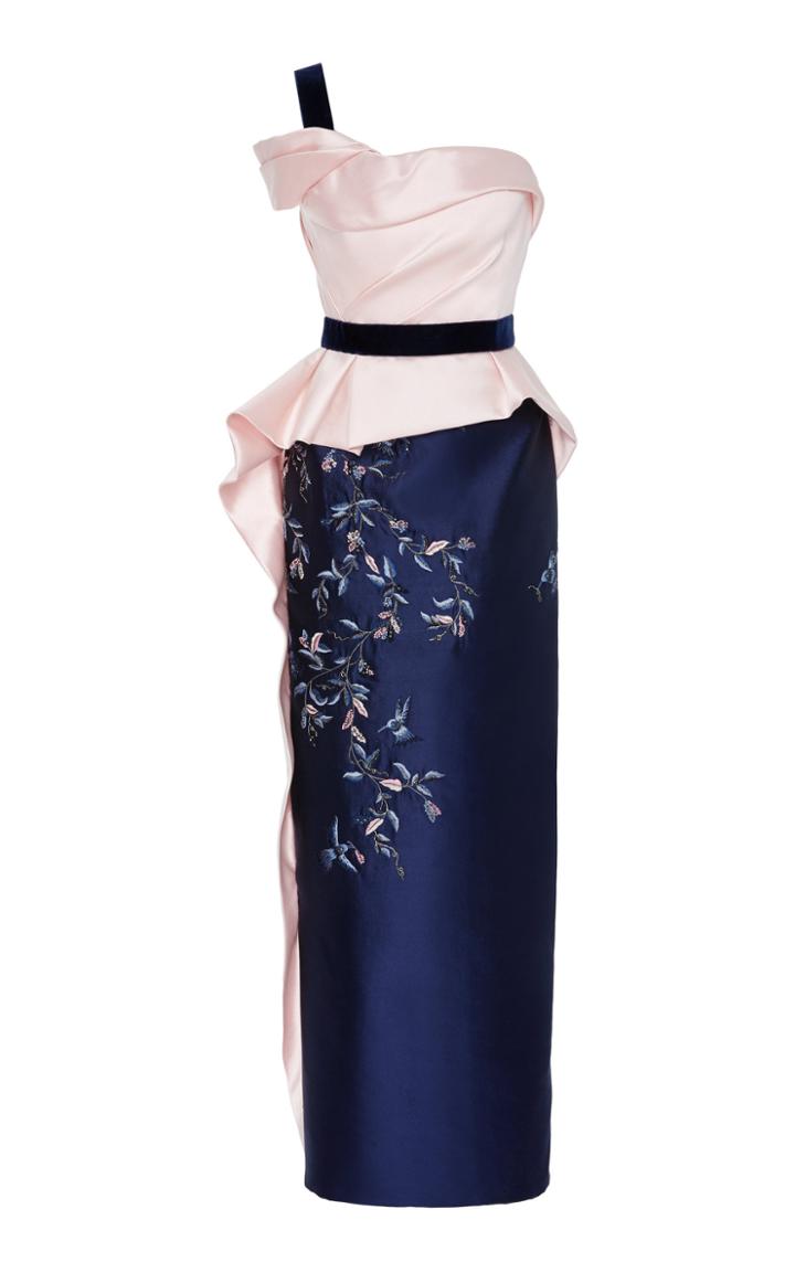 Marchesa Embroidered Silk-wool One-shoulder Peplum Dress