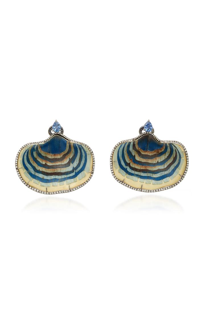 Silvia Furmanovich Sculptural Botanical Marquetry Blue Mushroom Earrings With Light Brown Diamonds And Blue Sapphire