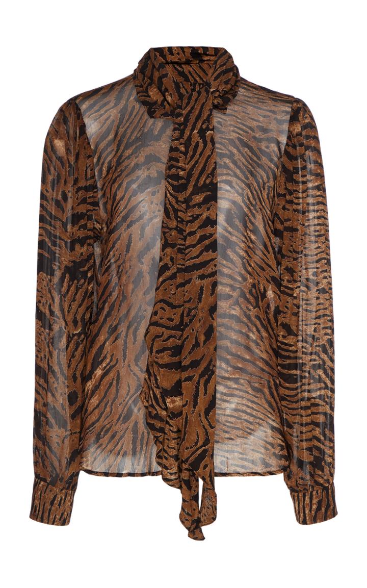 Ganni Tie-detailed Animal-print Georgette Top Size: 34