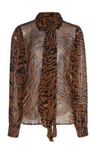 Ganni Tie-detailed Animal-print Georgette Top Size: 34