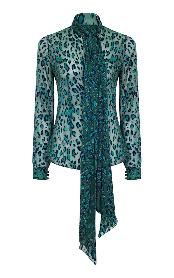 Moda Operandi Safiyaa Mona Leopard-pattern Silk Devor Tie-neck Top