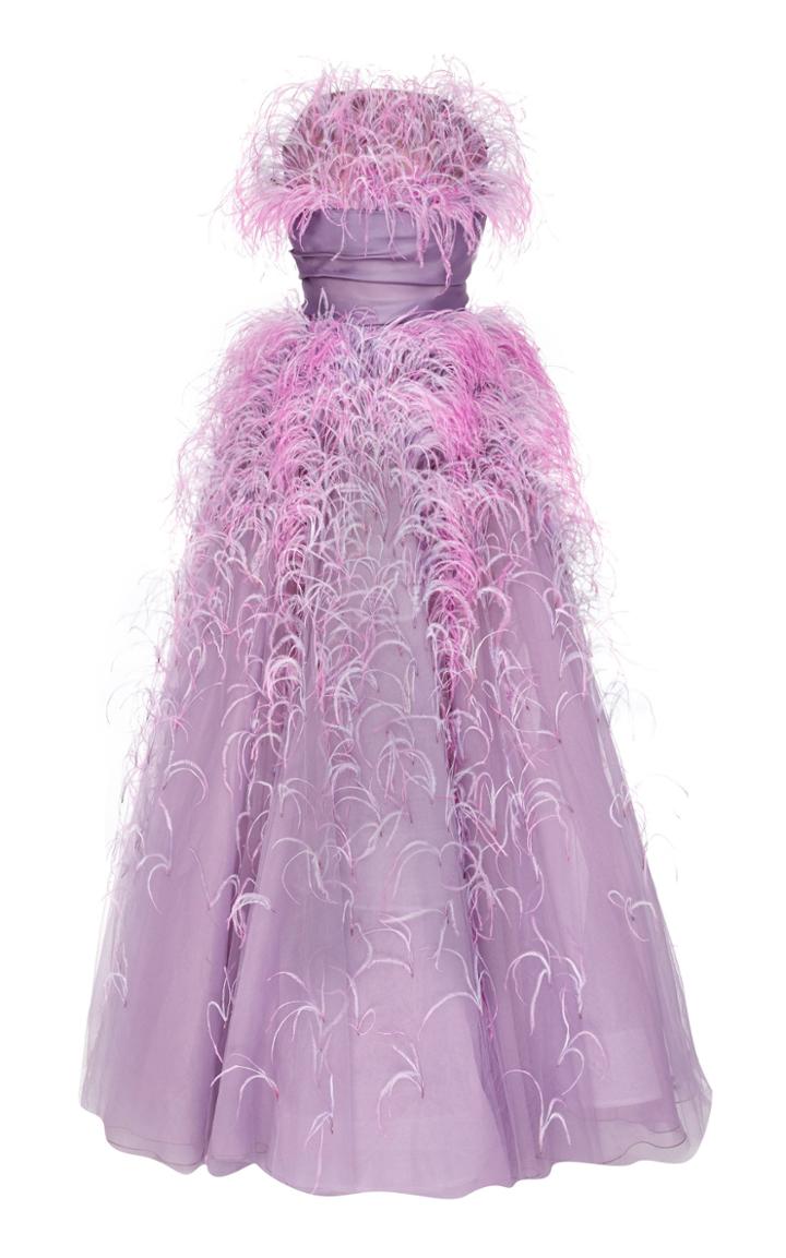 Marchesa Feather-trimmed Strapless Tulle Gown