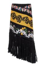 Oscar De La Renta Asymmetric Wrap Embroidered Fringe Midi Skirt
