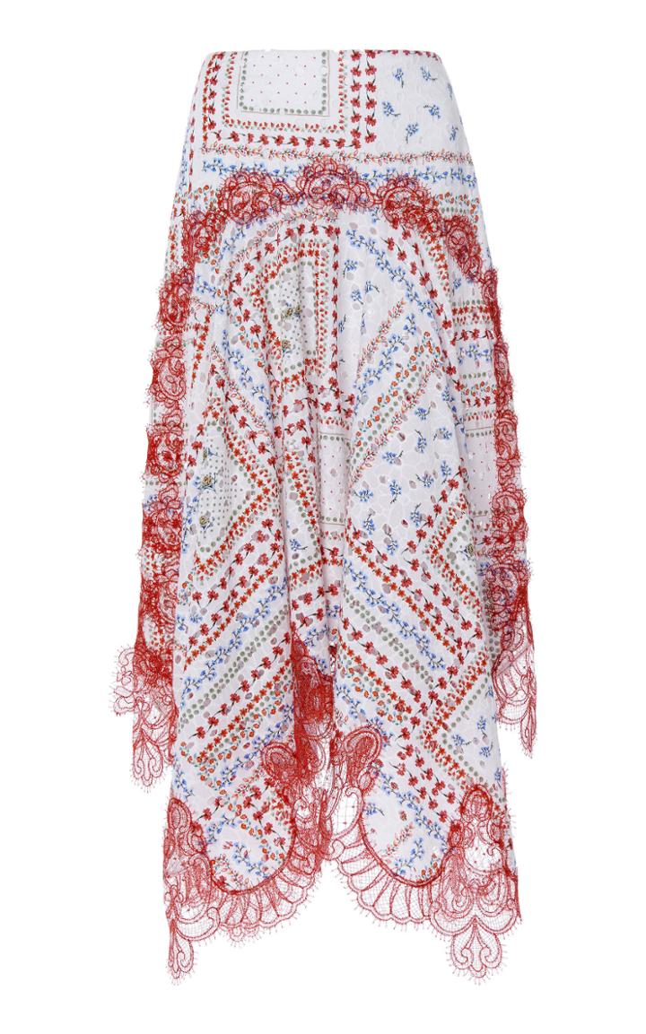 Moda Operandi Costarellos Printed Cotton Handkerchief Skirt With Gossamer Lace Size:
