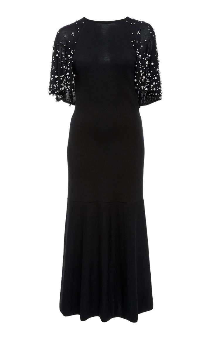 Oscar De La Renta Cape-effect Faux Pearl Embellished Wool Dress