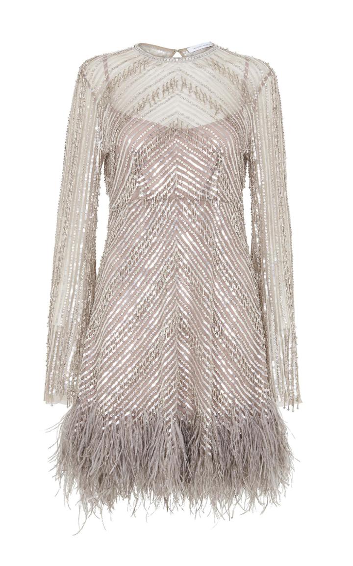 Rachel Gilbert Eugenie Feather-trimmed Beaded Dress