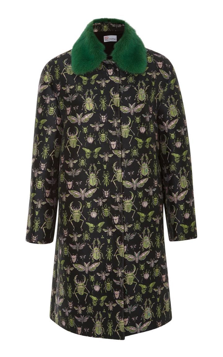 Red Valentino Insect Brocade Coat With Fur Collar