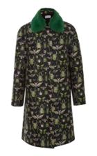Red Valentino Insect Brocade Coat With Fur Collar