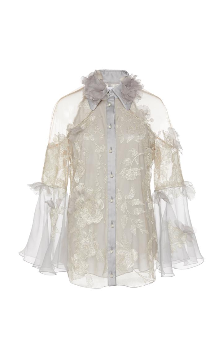 Marchesa Embroidered Floral-appliqued Lace Blouse