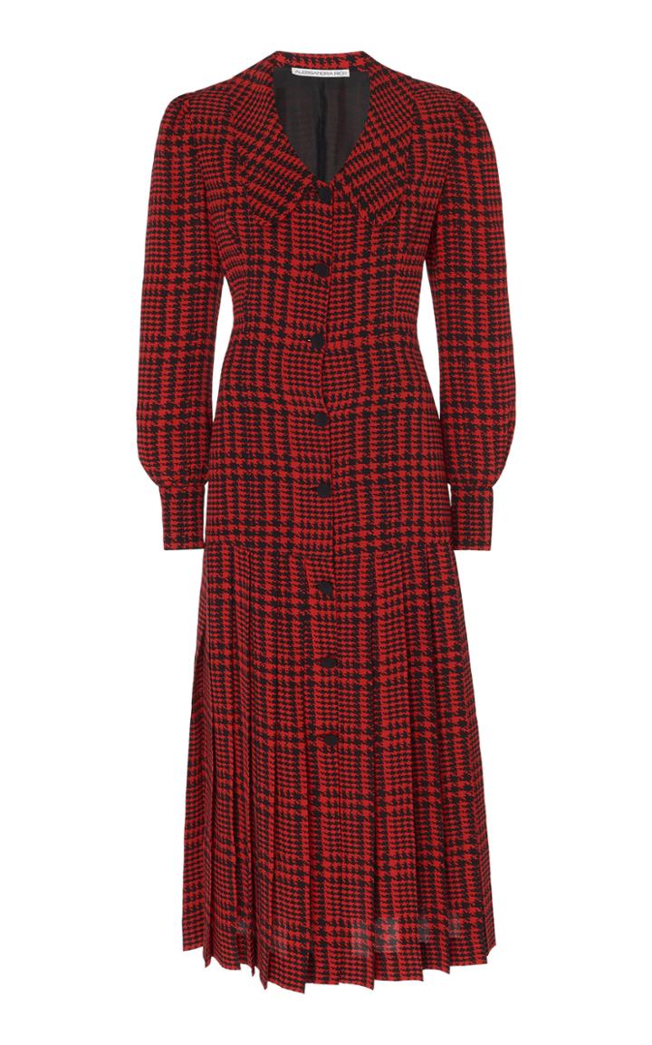 Alessandra Rich Pleated Houndstooth Silk Midi Dress