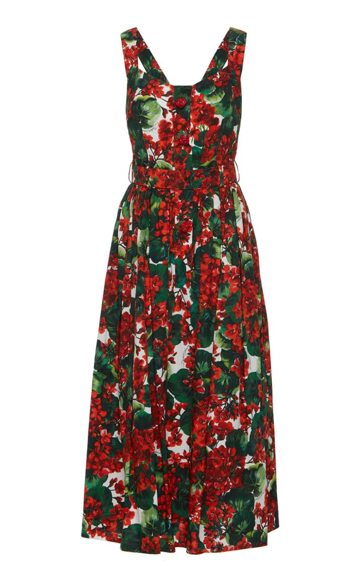 Dolce & Gabbana Belted Floral-print Cotton Midi Dress