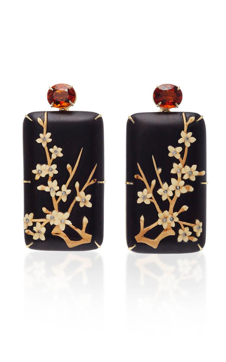 Silvia Furmanovich Marquetry Dark Brown Floral Rectangular Earrings