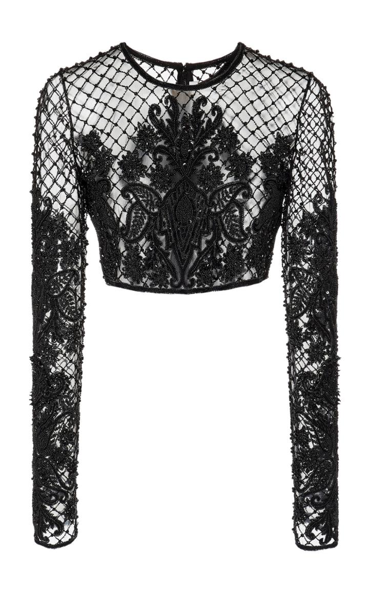 Naeem Khan Embroidered Lace Grid Crop Top
