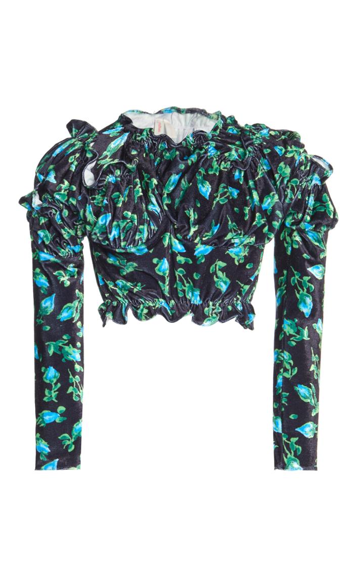 Moda Operandi Yuhan Wang Floral Print Ruched Velvet Crop Top
