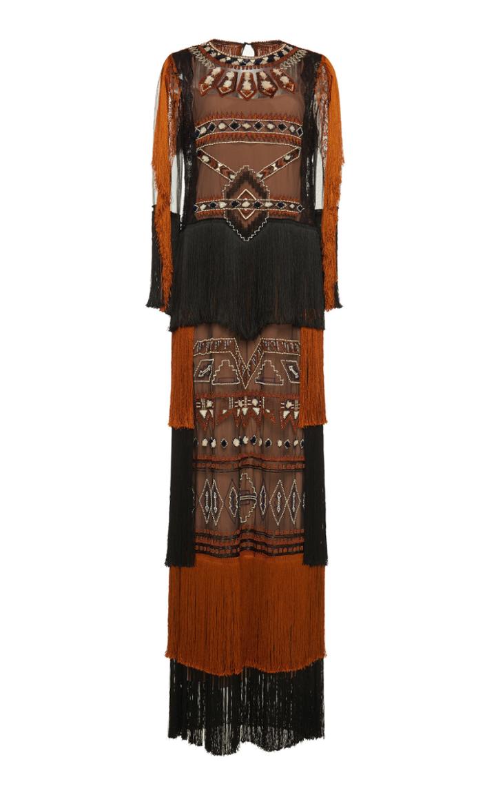 Alberta Ferretti Tulle Embellished Fringe Gown