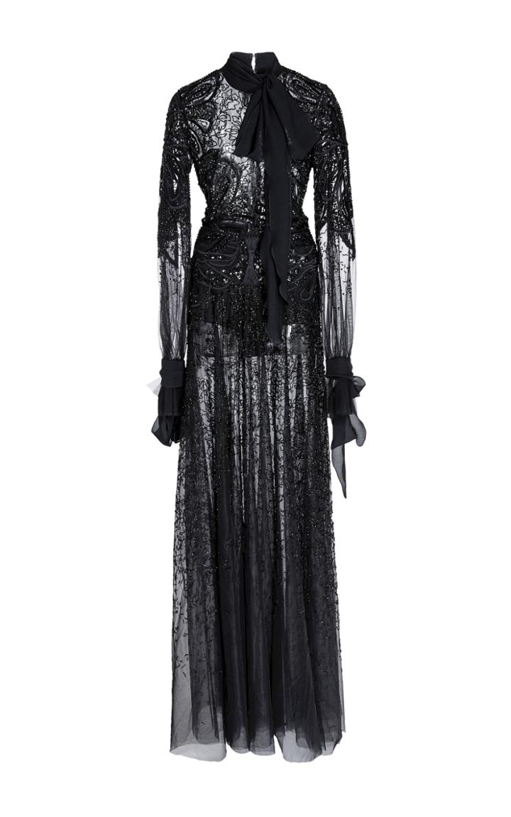 Elie Saab Bead Embroidered Long Sleeve Gown
