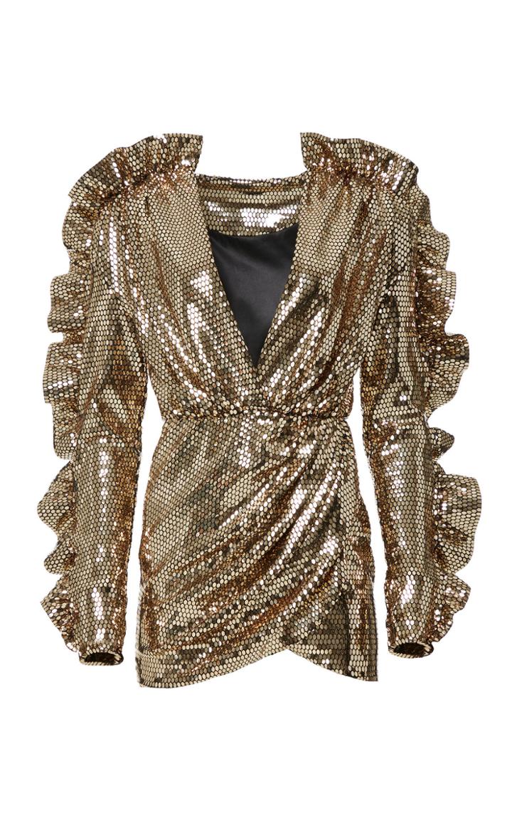 Moda Operandi Mach & Mach Golden Ruffled Sleeve Wrap Dress Size: Xs