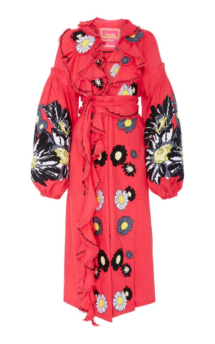 Yuliya Magdych Loves Me Loves Me Not Embroidered Linen Midi Caftan