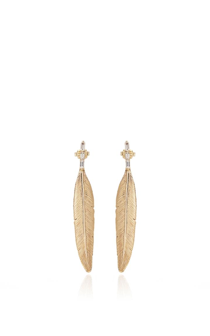 Luis Morais X Large Long Enameled 10k Yellow Gold Feather Diamond Baguette Earring