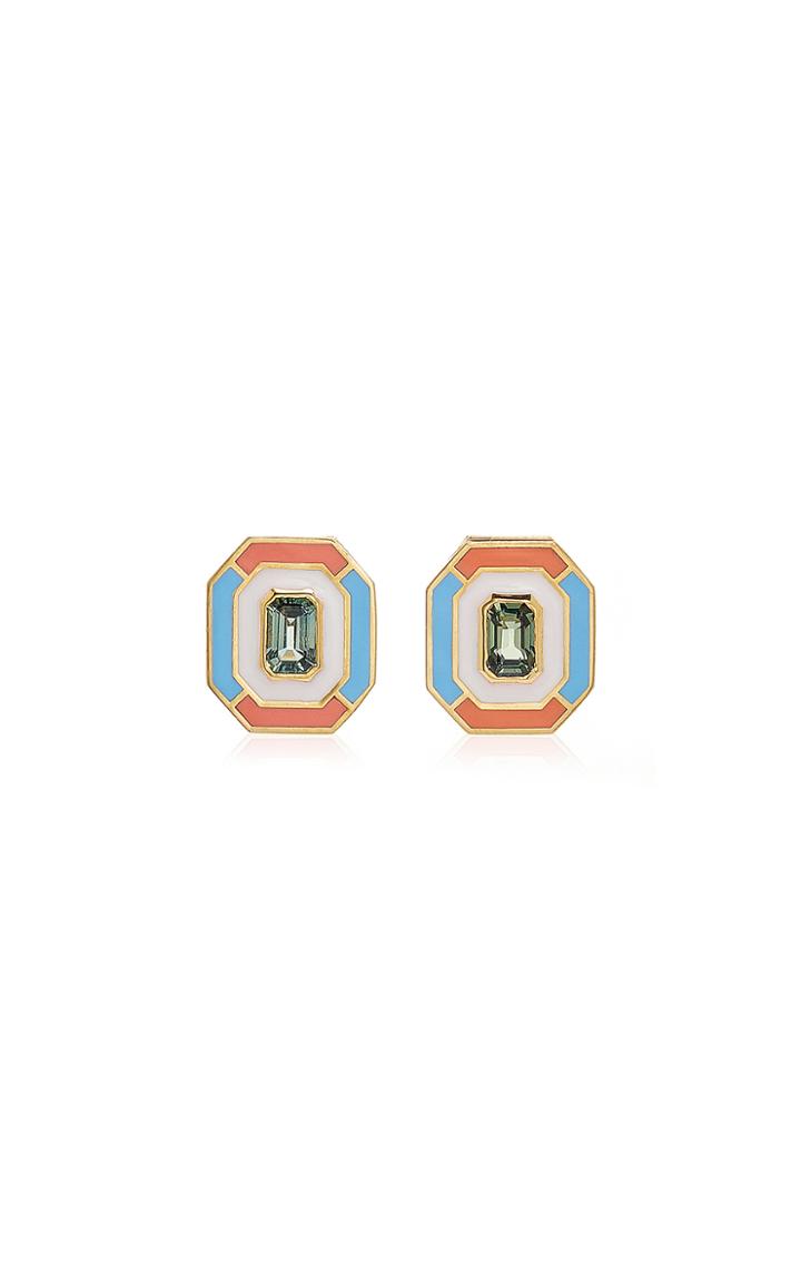 Sig Ward 18k Gold, Green Sapphire And Enamel Stud Earrings