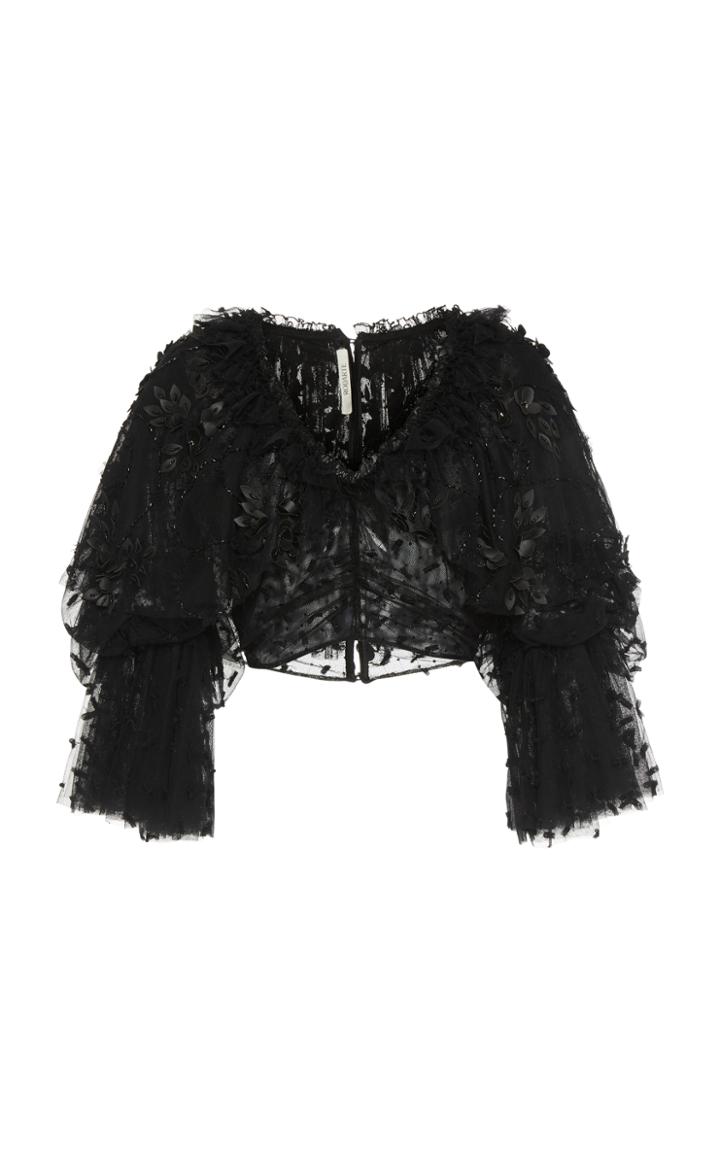 Rodarte Tulle Embroidered Floral Cropped Blouse