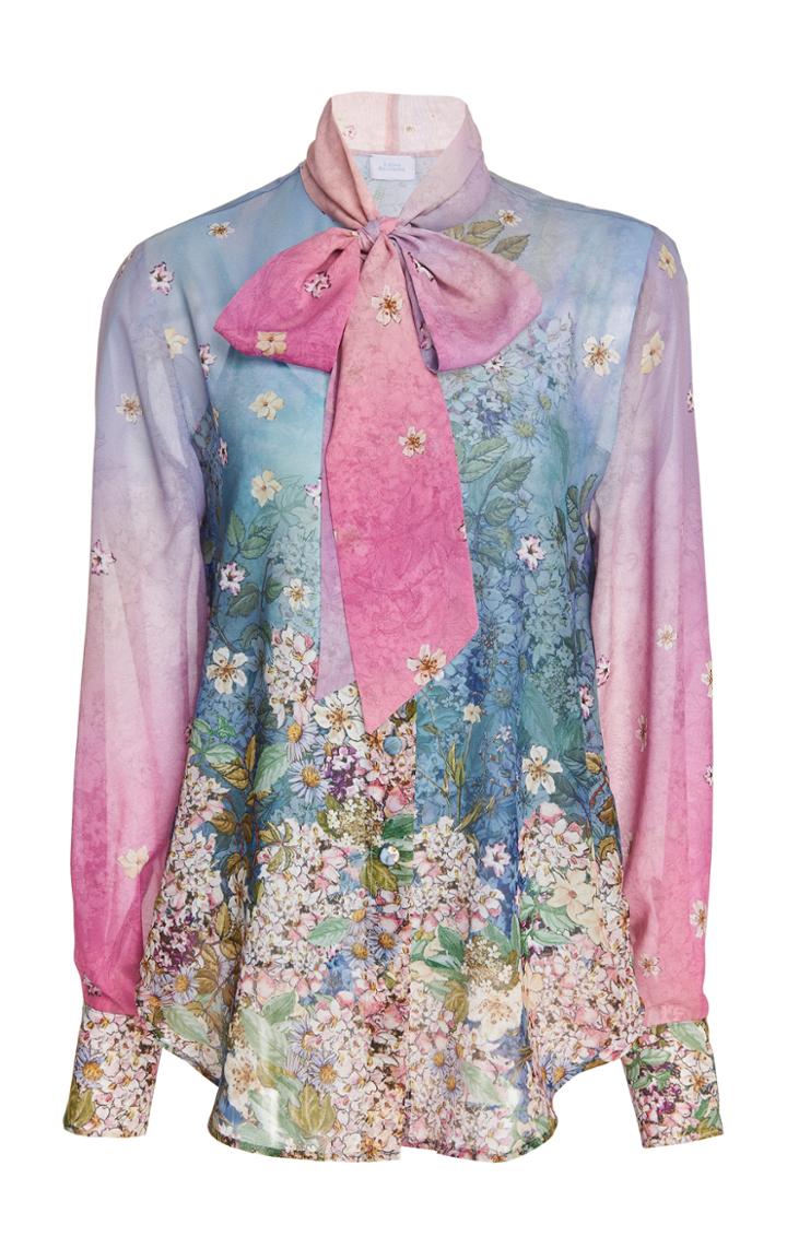 Luisa Beccaria Floral Printed Chiffon Pussy Bow Blouse