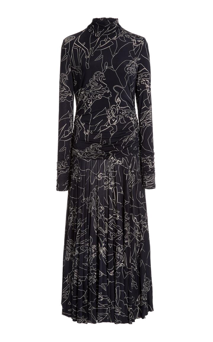 Victoria Victoria Beckham Pleated Printed Crepe Mock-neck Midi Dress