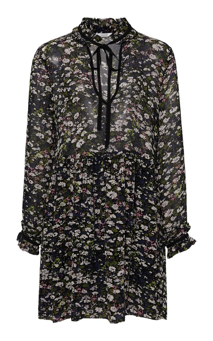 Ganni Tie-neck Floral-print Georgette Mini Dress