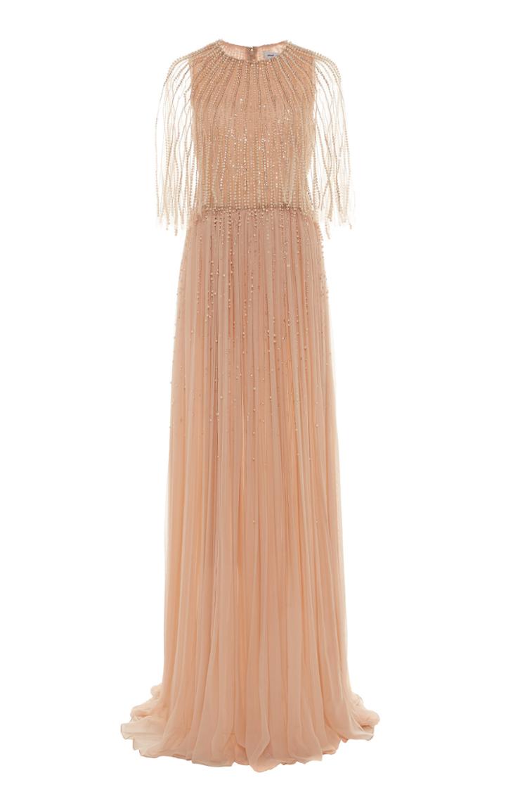 Pamella Roland Embellished Capelet Silk Chiffon Gown