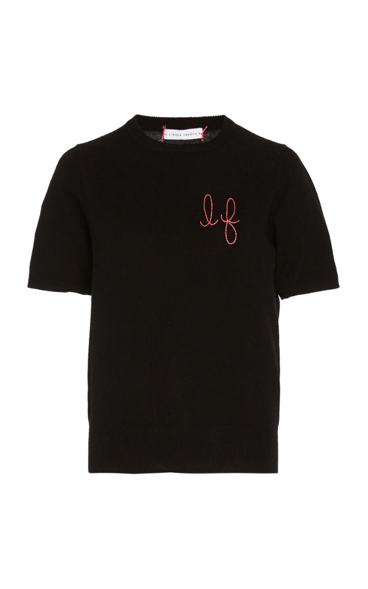 Moda Operandi Lingua Franca Monogrammed Short-sleeve Cashmere Sweater With Hot Pink